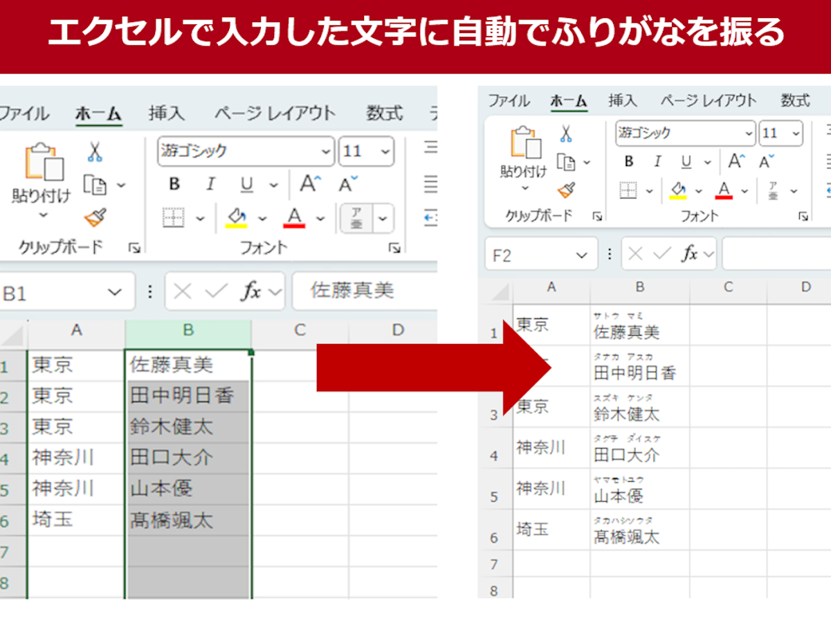 Excelでルビを振る：ふりがな機能の使い方」 ※